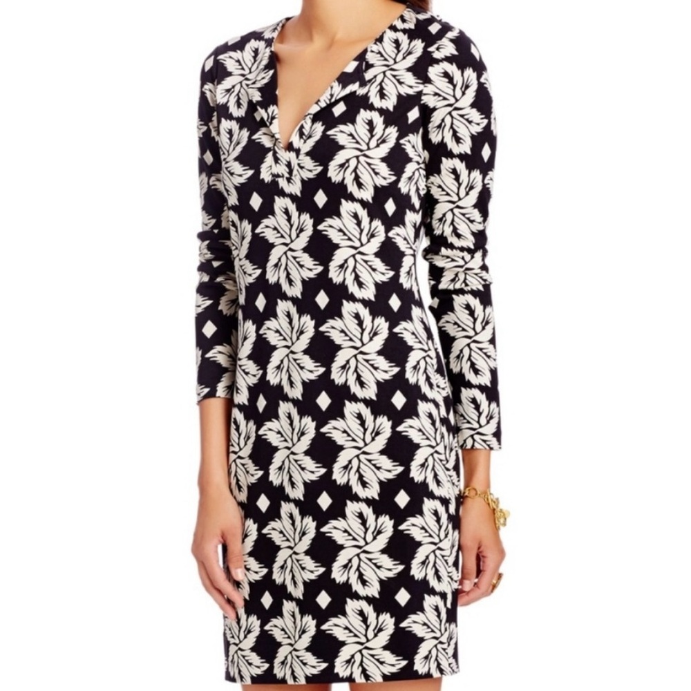Diane von Furstenberg Reina Leaf Floral Print Black & Cream Short Dress Size 6